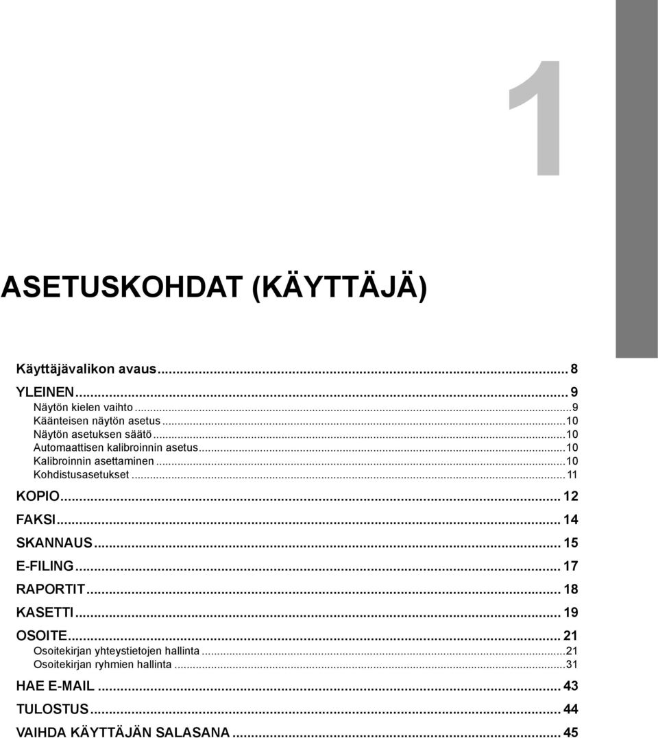 ..11 KOPIO... 12 FAKSI... 14 SKANNAUS... 15 E-FILING... 17 RAPORTIT... 18 KASETTI... 19 OSOITE.