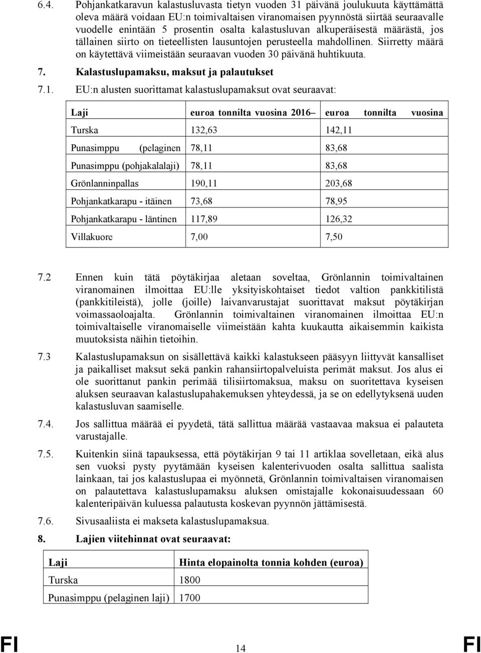 Siirretty määrä on käytettävä viimeistään seuraavan vuoden 30 päivänä huhtikuuta. 7. Kalastuslupamaksu, maksut ja palautukset 7.1.