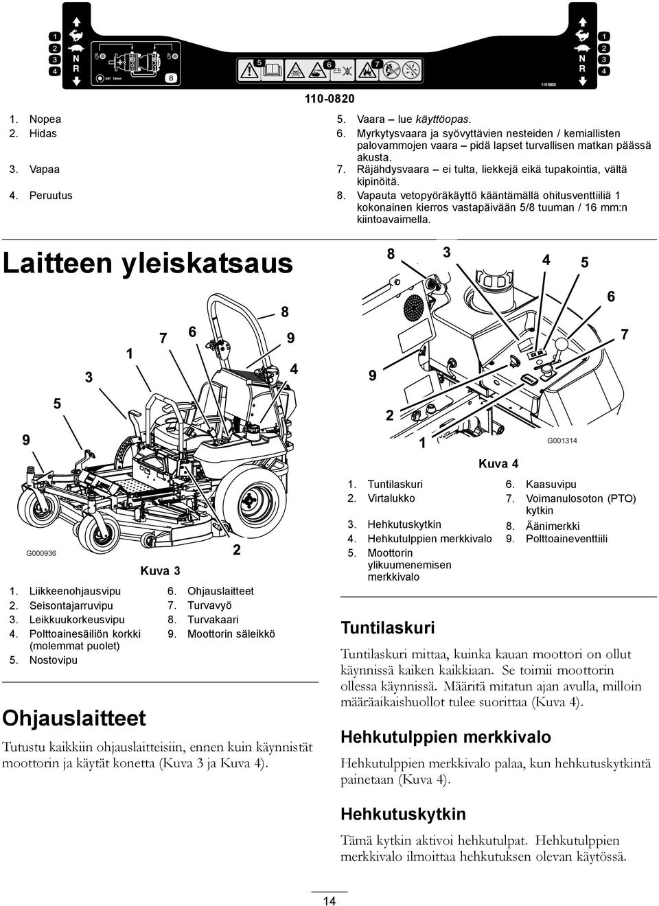 Vapauta vetopyöräkäyttö kääntämällä ohitusventtiiliä 1 kokonainen kierros vastapäivään 5/8 tuuman / 16 mm:n kiintoavaimella. Laitteen yleiskatsaus Kuva 3 1. Liikkeenohjausvipu 6. Ohjauslaitteet 2.