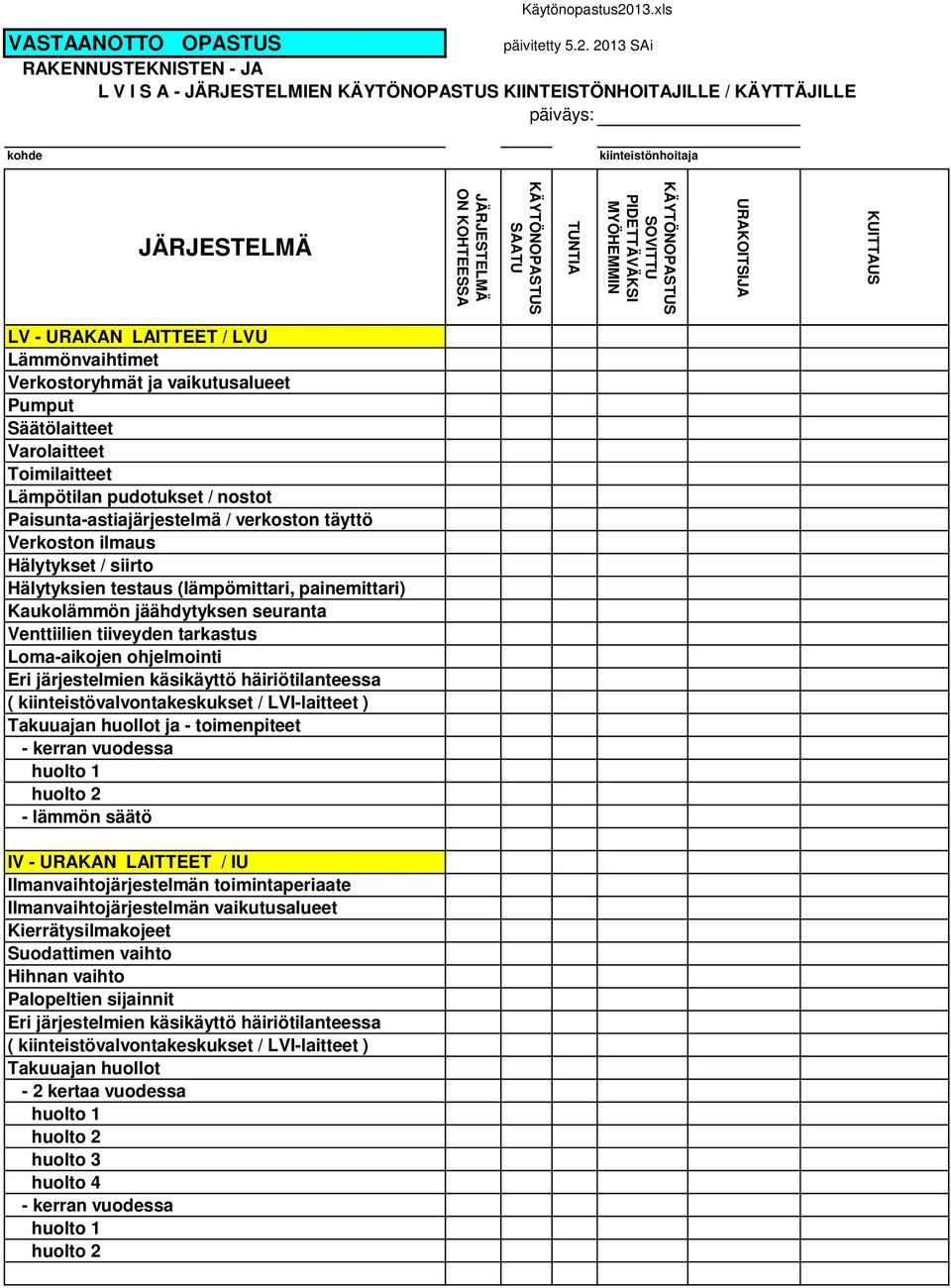 2013 SAi VASTAANOTTO OPASTUS RAKENNUSTEKNISTEN - JA L V I S A - JÄRJESTELMIEN KÄYTÖNOPASTUS KIINTEISTÖNHOITAJILLE / KÄYTTÄJILLE päiväys: kohde kiinteistönhoitaja JÄRJESTELMÄ JÄRJESTELMÄ ON KOHTEESSA