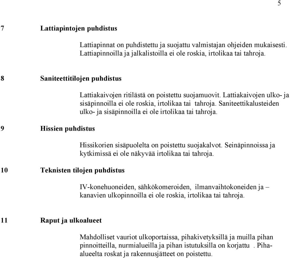 Lattiakaivojen ulko- ja sisäpinnoilla ei ole roskia, irtolikaa tai tahroja. Saniteettikalusteiden ulko- ja sisäpinnoilla ei ole irtolikaa tai tahroja.