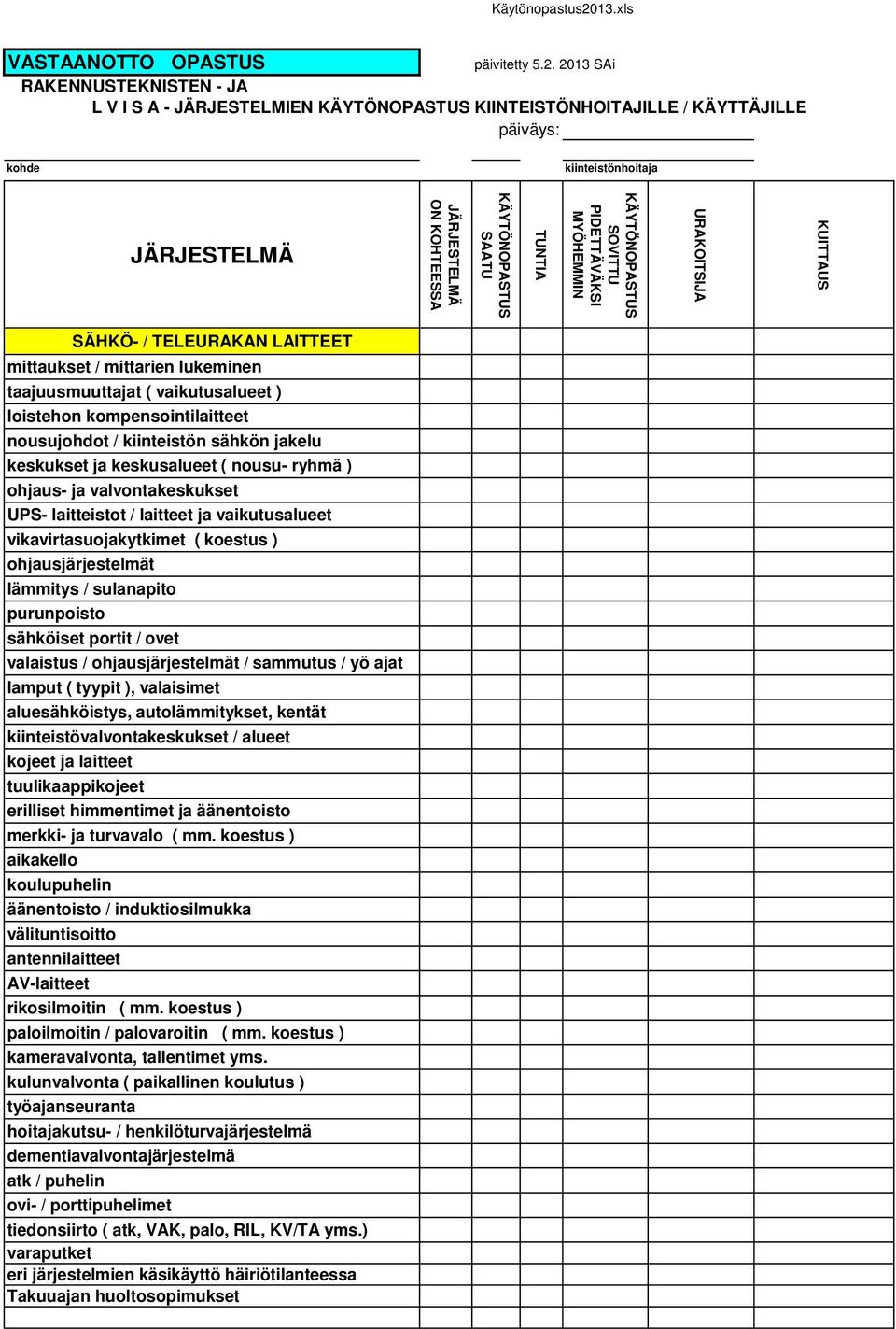 2013 SAi RAKENNUSTEKNISTEN - JA L V I S A - JÄRJESTELMIEN KÄYTÖNOPASTUS KIINTEISTÖNHOITAJILLE / KÄYTTÄJILLE päiväys: kohde kiinteistönhoitaja JÄRJESTELMÄ JÄRJESTELMÄ ON KOHTEESSA KÄYTÖNOPASTUS SAATU