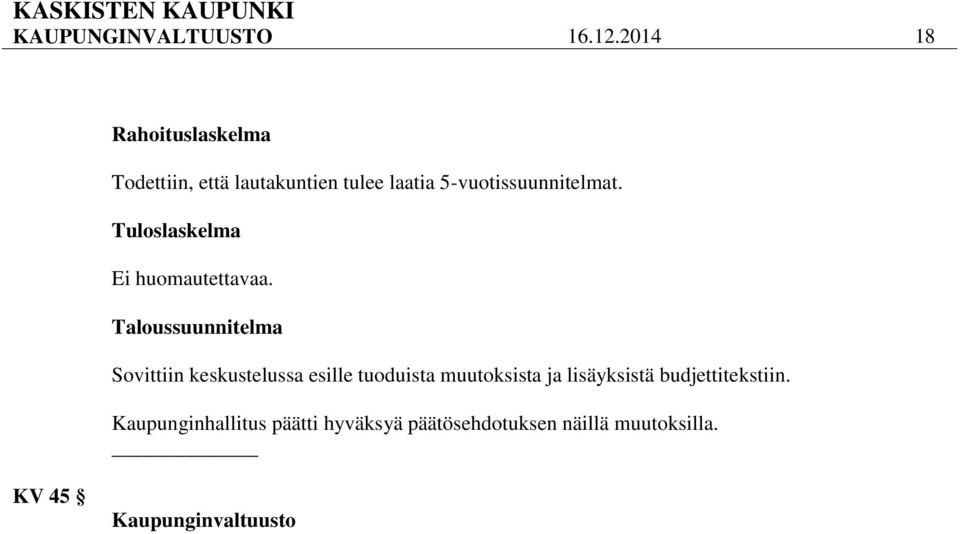 5-vuotissuunnitelmat. Tuloslaskelma Ei huomautettavaa.