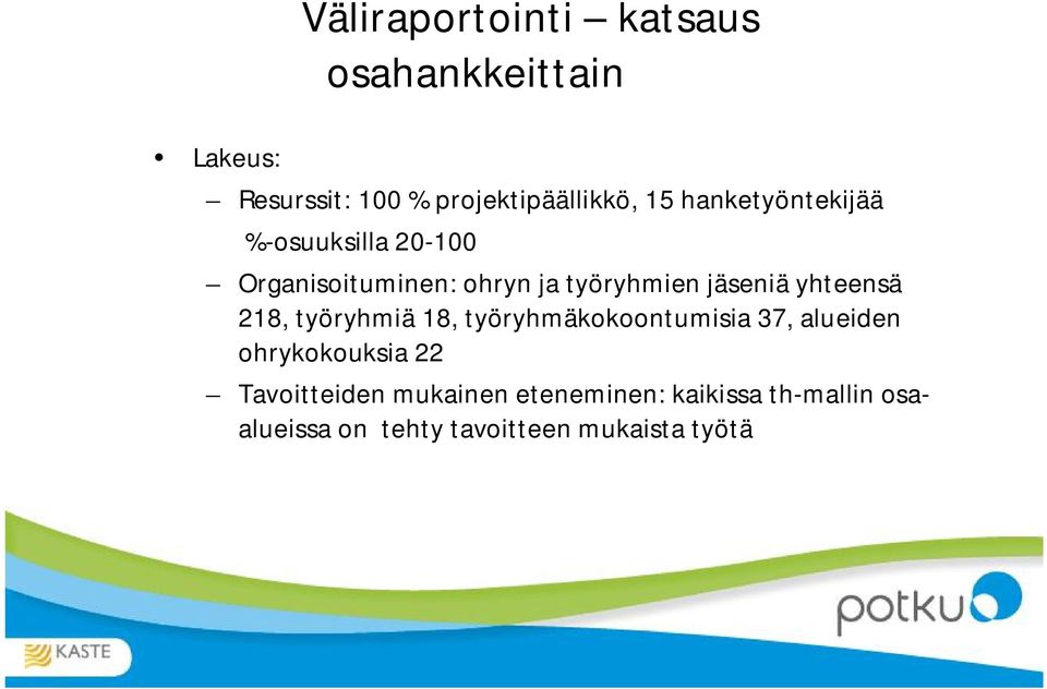 yhteensä 218, työryhmiä 18, työryhmäkokoontumisia 37, alueiden ohrykokouksia 22