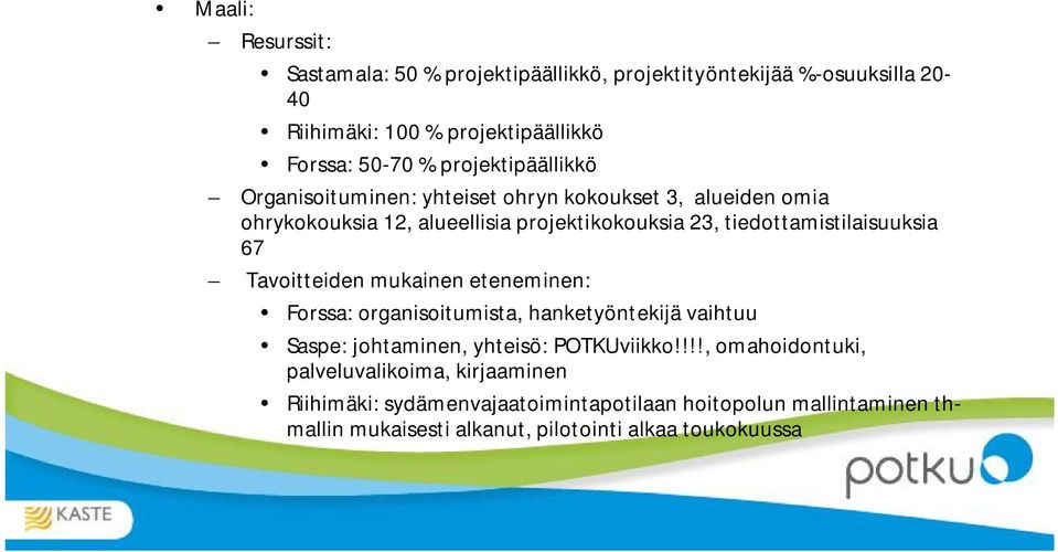 tiedottamistilaisuuksia 67 Tavoitteiden mukainen eteneminen: Forssa: organisoitumista, hanketyöntekijä vaihtuu Saspe: johtaminen, yhteisö: