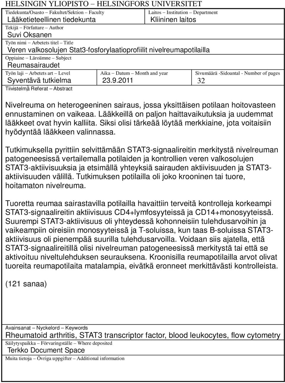 Tiivistelmä Referat Abstract Aika Datum Month and year 23.9.