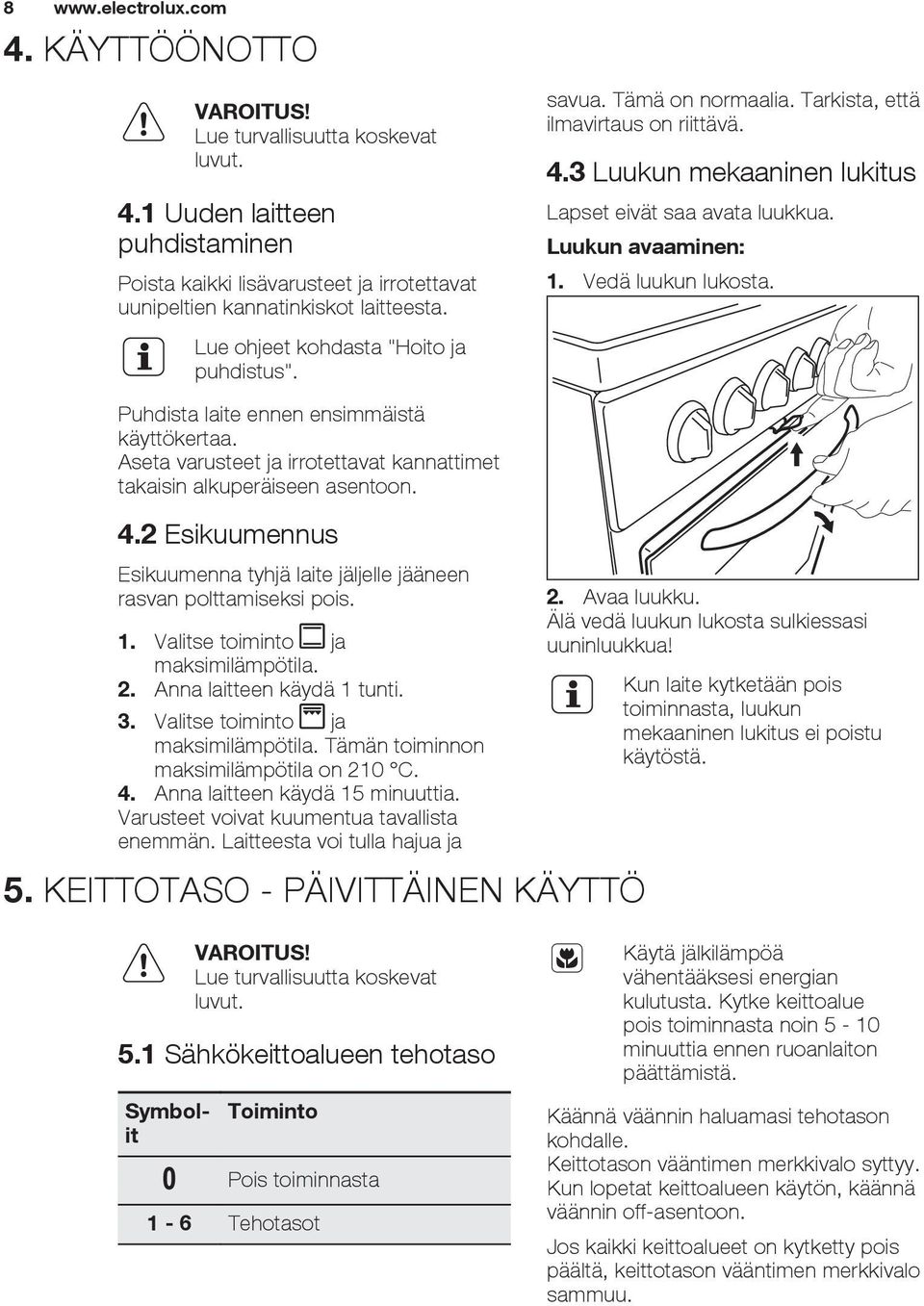 Vedä luukun lukosta. Puhdista laite ennen ensimmäistä käyttökertaa. Aseta varusteet ja irrotettavat kannattimet takaisin alkuperäiseen asentoon. 4.