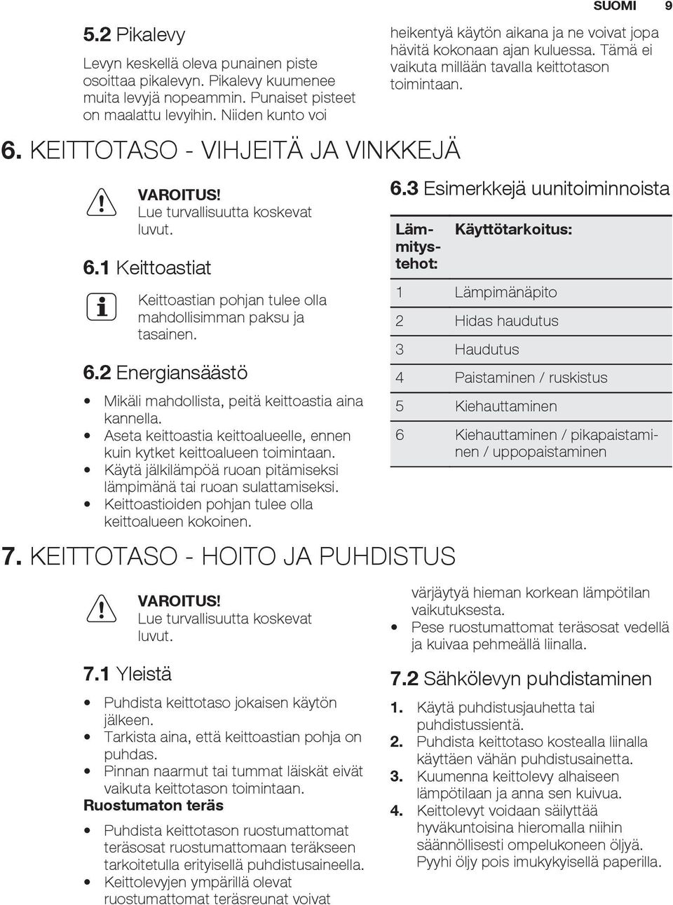 Aseta keittoastia keittoalueelle, ennen kuin kytket keittoalueen toimintaan. Käytä jälkilämpöä ruoan pitämiseksi lämpimänä tai ruoan sulattamiseksi.