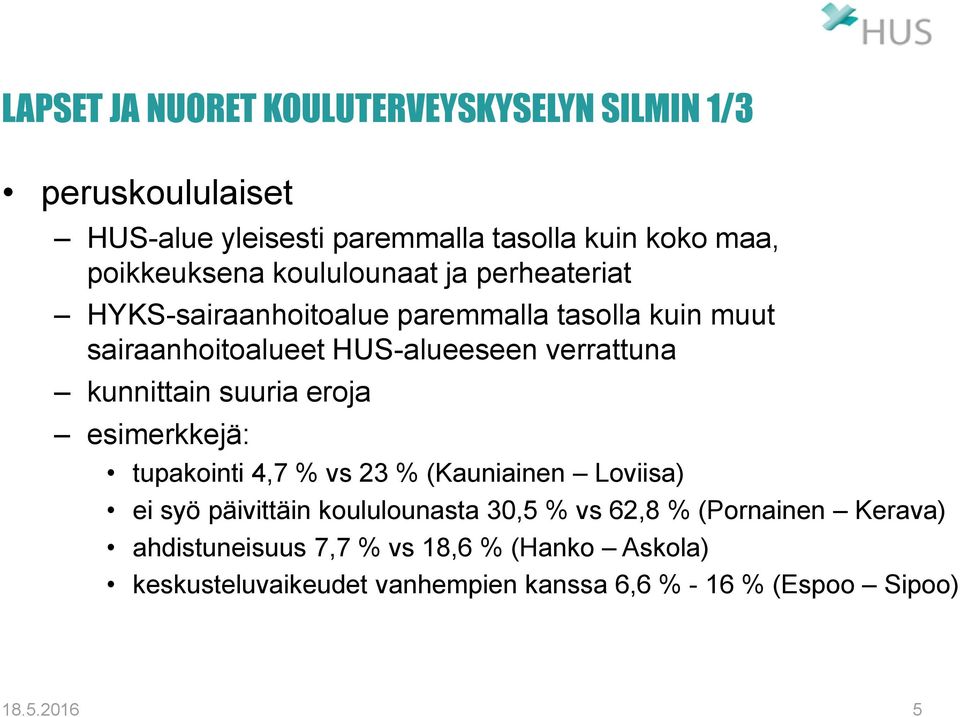 kunnittain suuria eroja esimerkkejä: tupakointi 4,7 % vs 23 % (Kauniainen Loviisa) ei syö päivittäin koululounasta 30,5 % vs 62,8 %