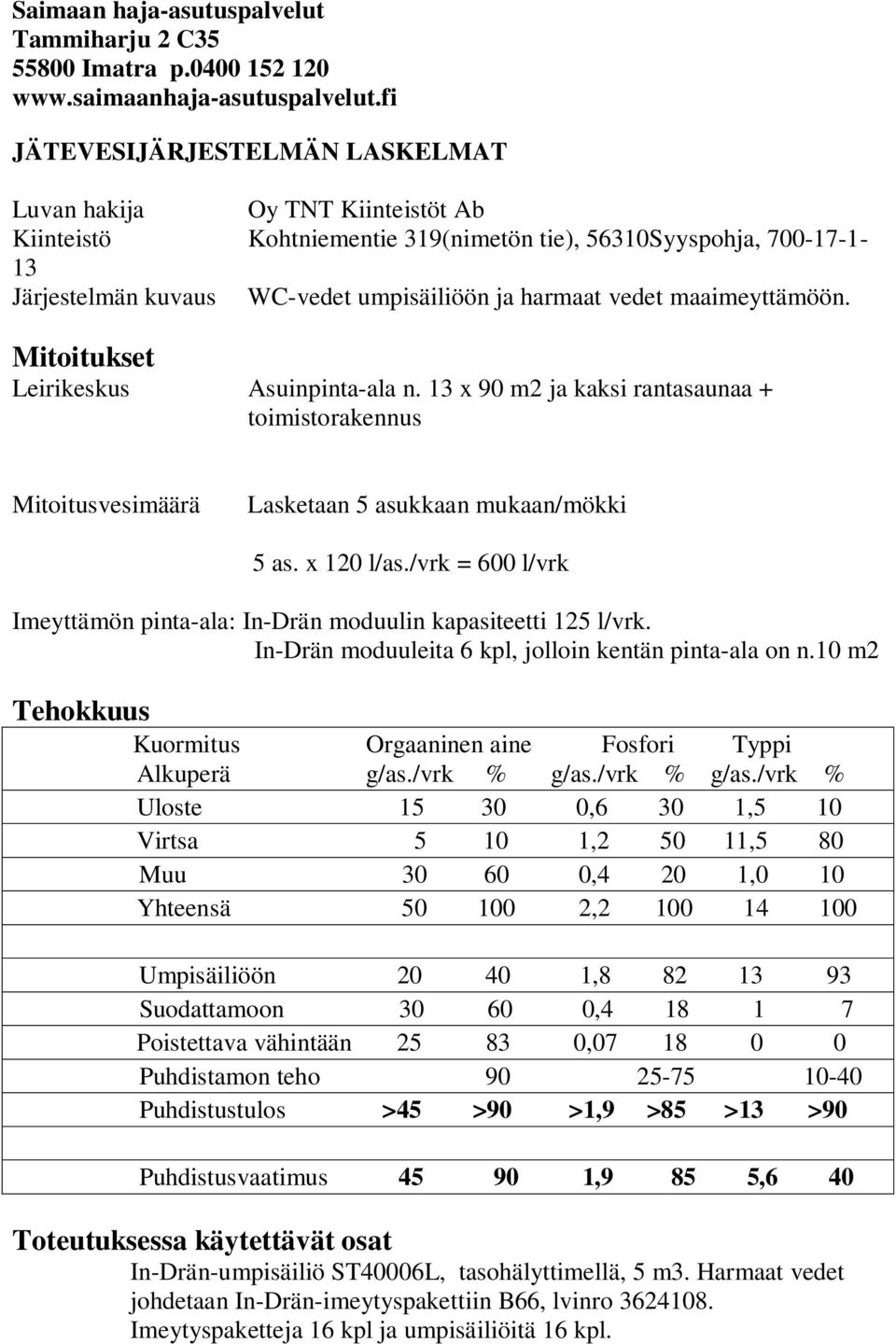 harmaat vedet maaimeyttämöön. Mitoitukset Leirikeskus Asuinpinta-ala n. 13 x 90 m2 ja kaksi rantasaunaa + toimistorakennus Mitoitusvesimäärä Lasketaan 5 asukkaan mukaan/mökki 5 as. x 120 l/as.