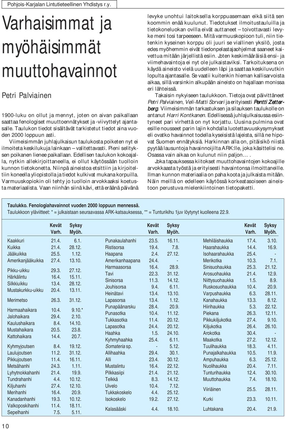 Taulukon tiedot sisältävät tarkistetut tiedot aina vuoden 2000 loppuun asti. Viimeisimmän juhlajulkaisun taulukosta poiketen nyt ei ilmoiteta keskilukuja lainkaan valitettavasti.