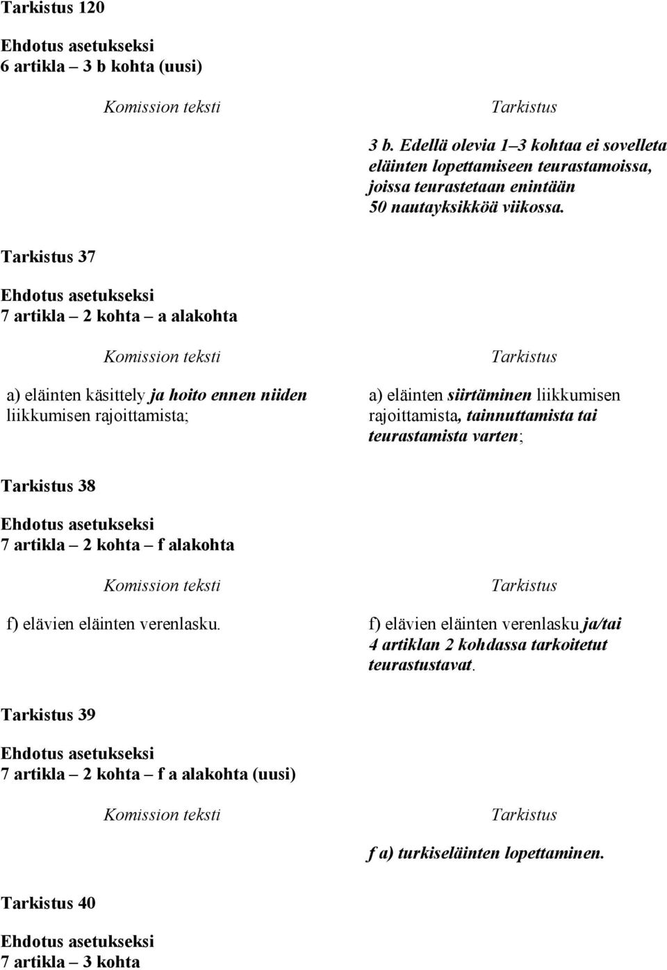 37 7 artikla 2 kohta a alakohta a) eläinten käsittely ja hoito ennen niiden liikkumisen rajoittamista; a) eläinten siirtäminen liikkumisen