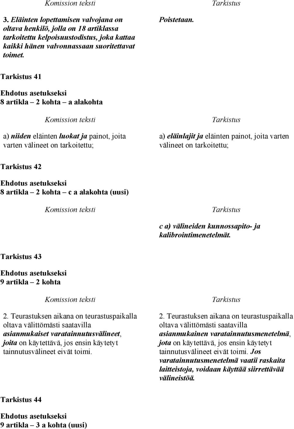 c a alakohta (uusi) c a) välineiden kunnossapito- ja kalibrointimenetelmät. 43 9 artikla 2 kohta 2.