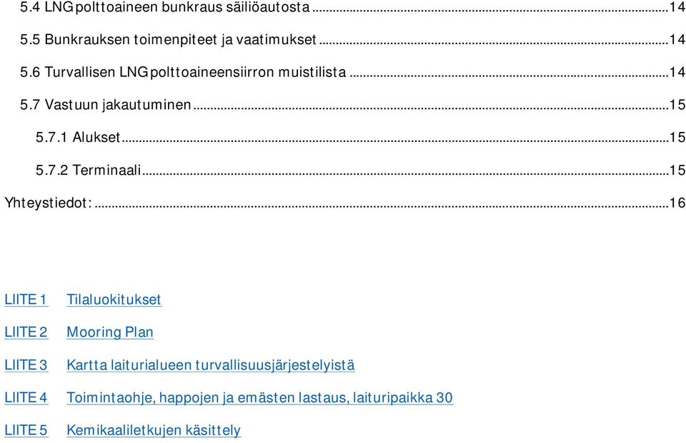 .. 16 LIITE 1 LIITE 2 LIITE 3 Tilaluokitukset Mooring Plan Kartta laiturialueen turvallisuusjärjestelyistä LIITE