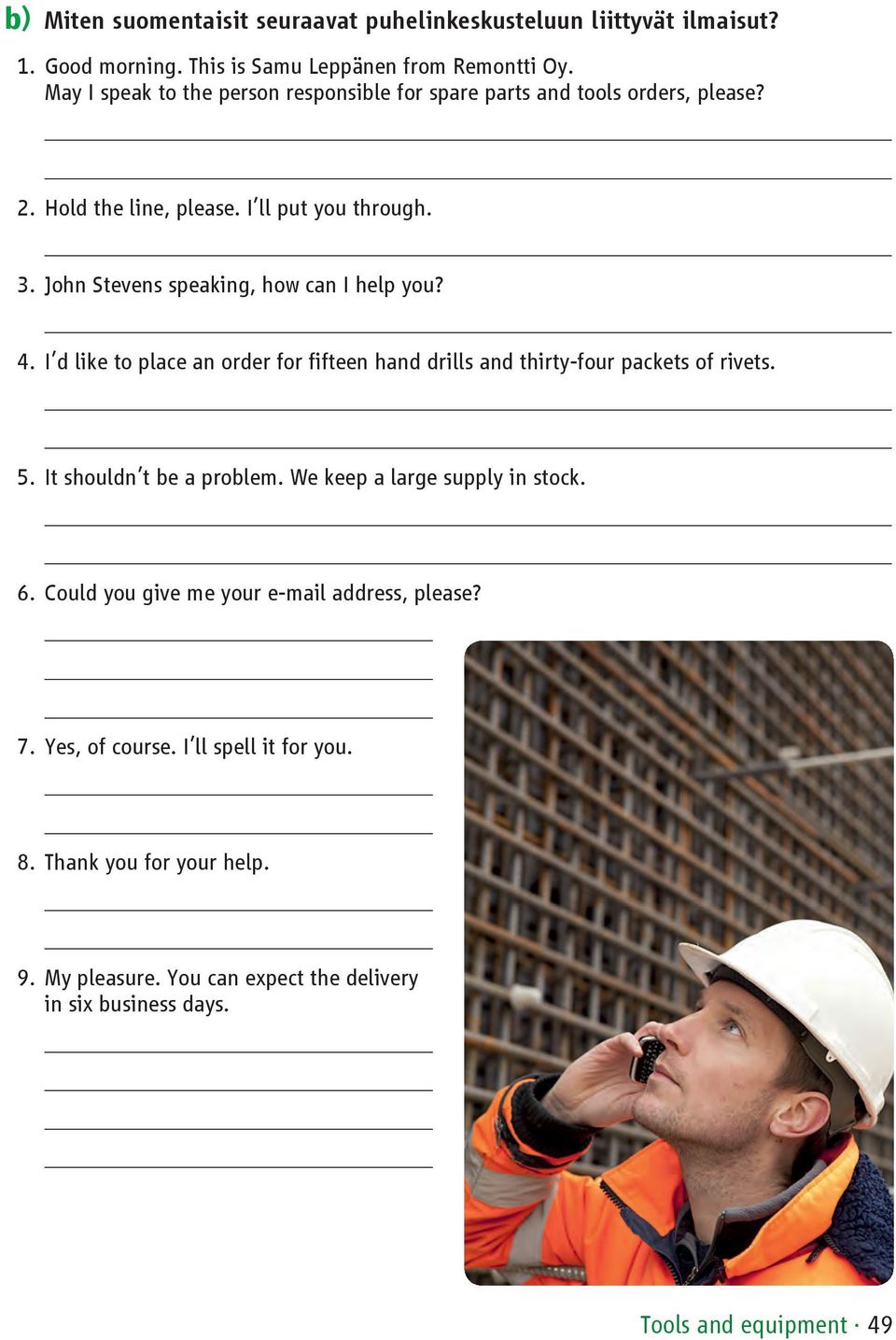 John Stevens speaking, how can I help you? 4. I d like to place an order for fifteen hand drills and thirty-four packets of rivets. 5. It shouldn t be a problem.