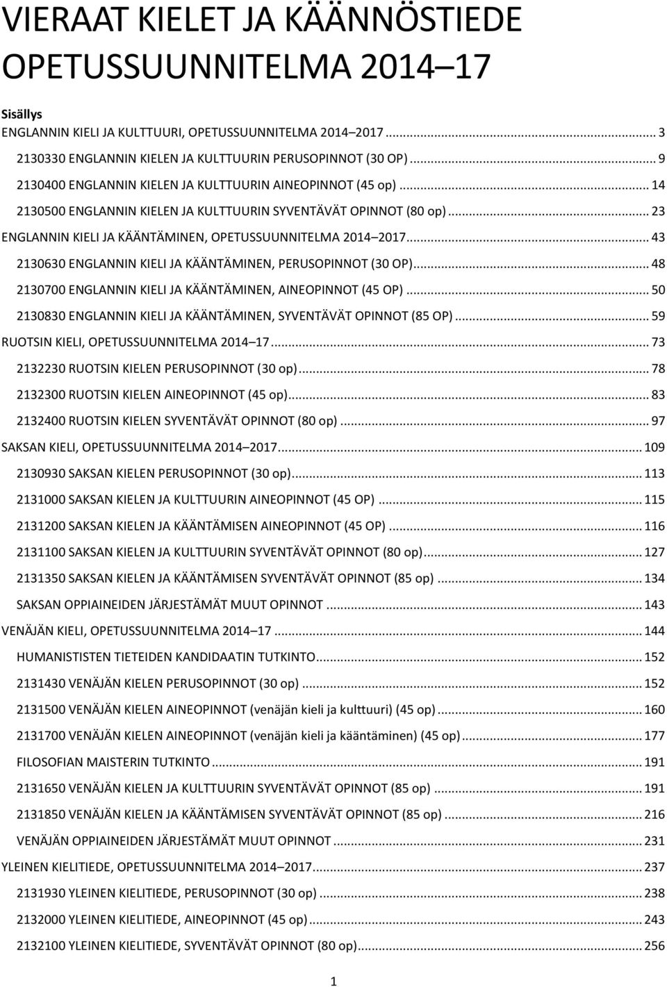 .. 43 2130630 ENGLANNIN KIELI JA KÄÄNTÄMINEN, PERUSOPINNOT (30 OP)... 48 2130700 ENGLANNIN KIELI JA KÄÄNTÄMINEN, AINEOPINNOT (45 OP).