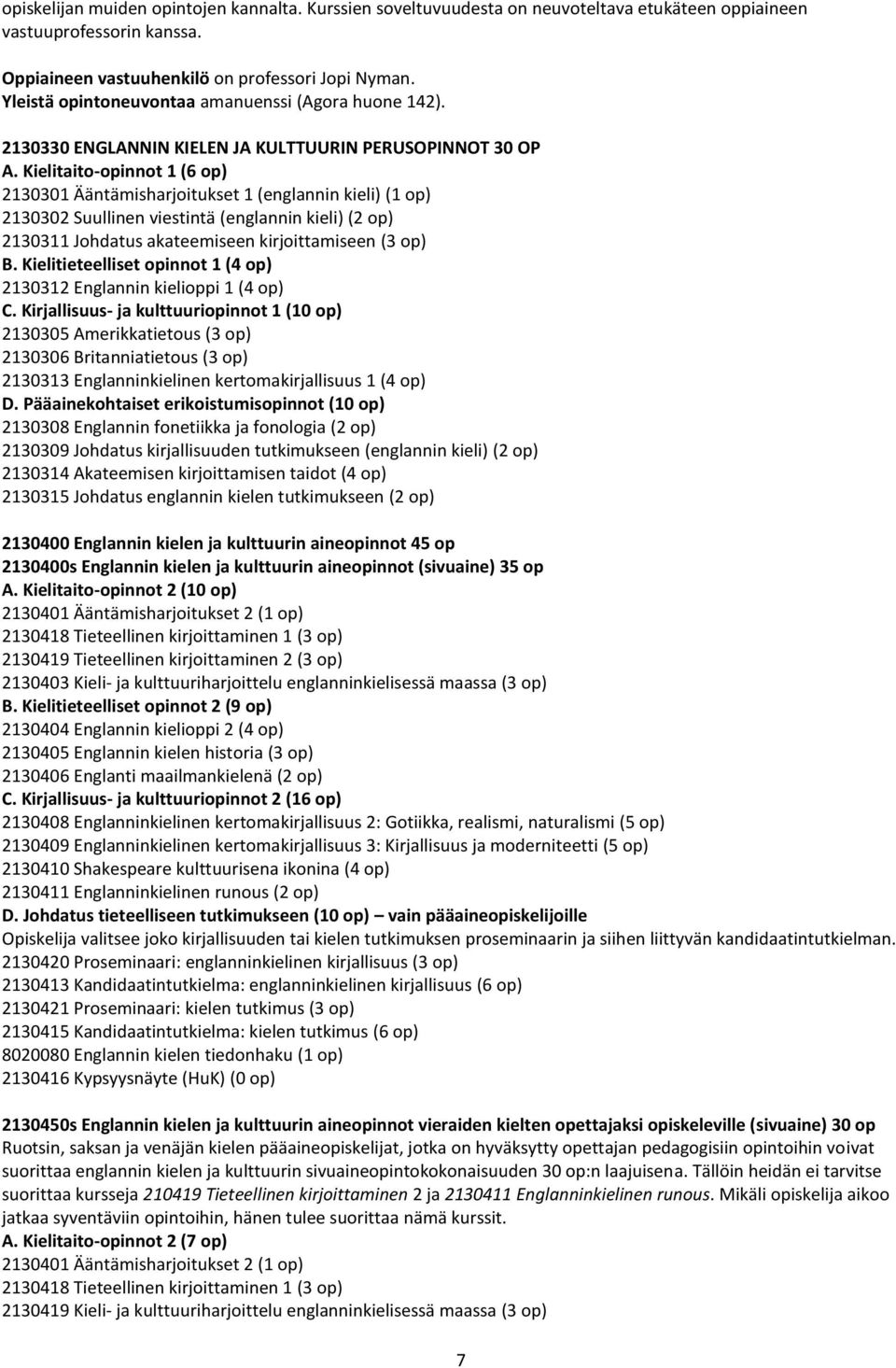 Kielitaito-opinnot 1 (6 op) 2130301 Ääntämisharjoitukset 1 (englannin kieli) (1 op) 2130302 Suullinen viestintä (englannin kieli) (2 op) 2130311 Johdatus akateemiseen kirjoittamiseen (3 op) B.