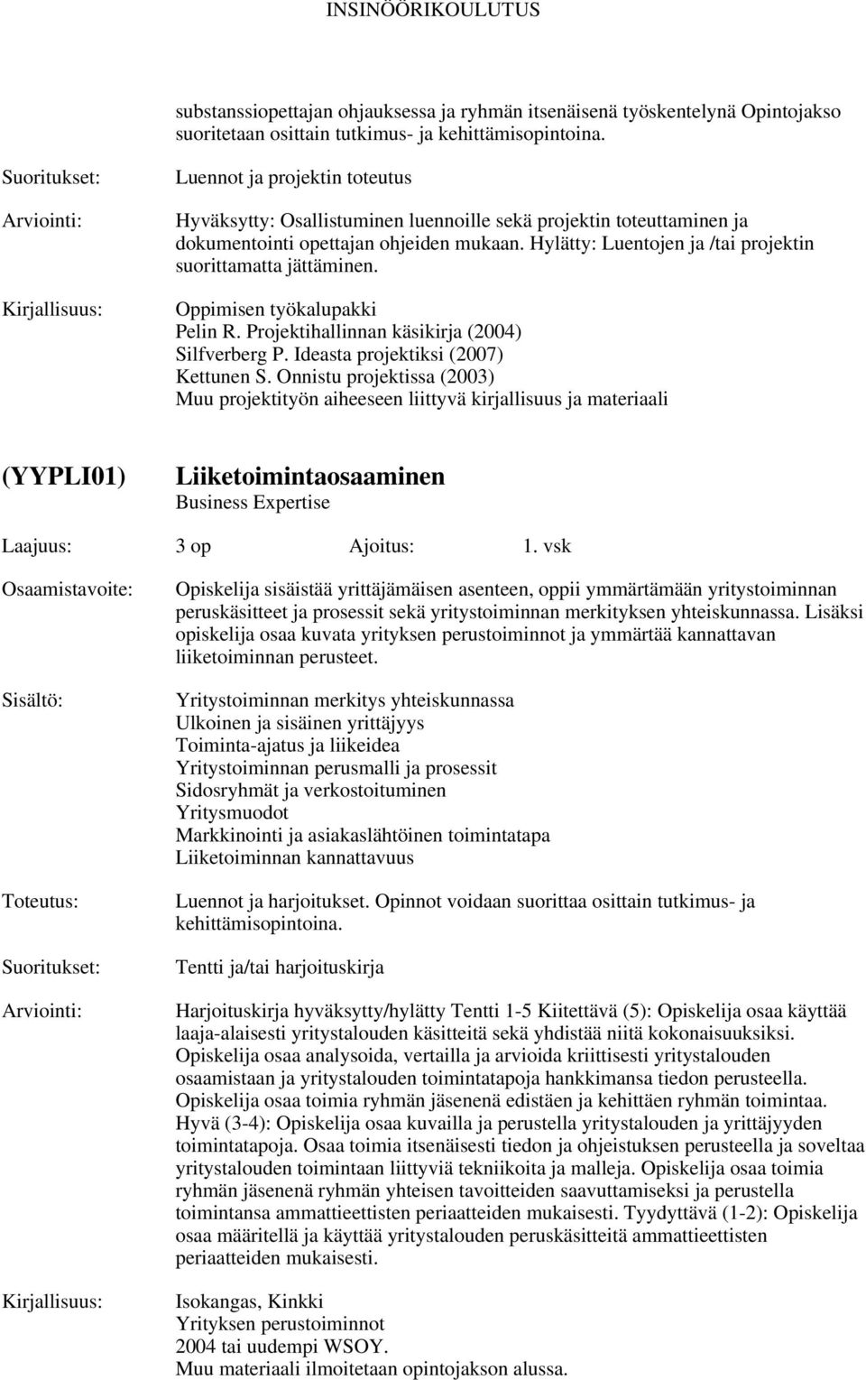 Hylätty: Luentojen ja /tai projektin suorittamatta jättäminen. Oppimisen työkalupakki Pelin R. Projektihallinnan käsikirja (2004) Silfverberg P. Ideasta projektiksi (2007) Kettunen S.