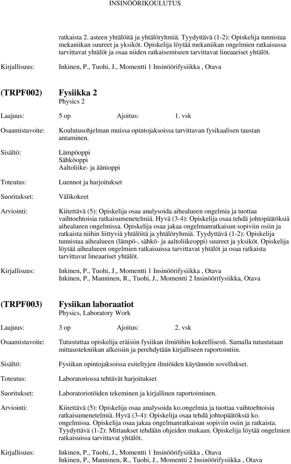 , Momentti 1 Insinöörifysiikka, Otava (TRPF002) Fysiikka 2 Physics 2 Laajuus: 5 op Ajoitus: 1. vsk Koulutusohjelman muissa opintojaksoissa tarvittavan fysikaalisen taustan antaminen.