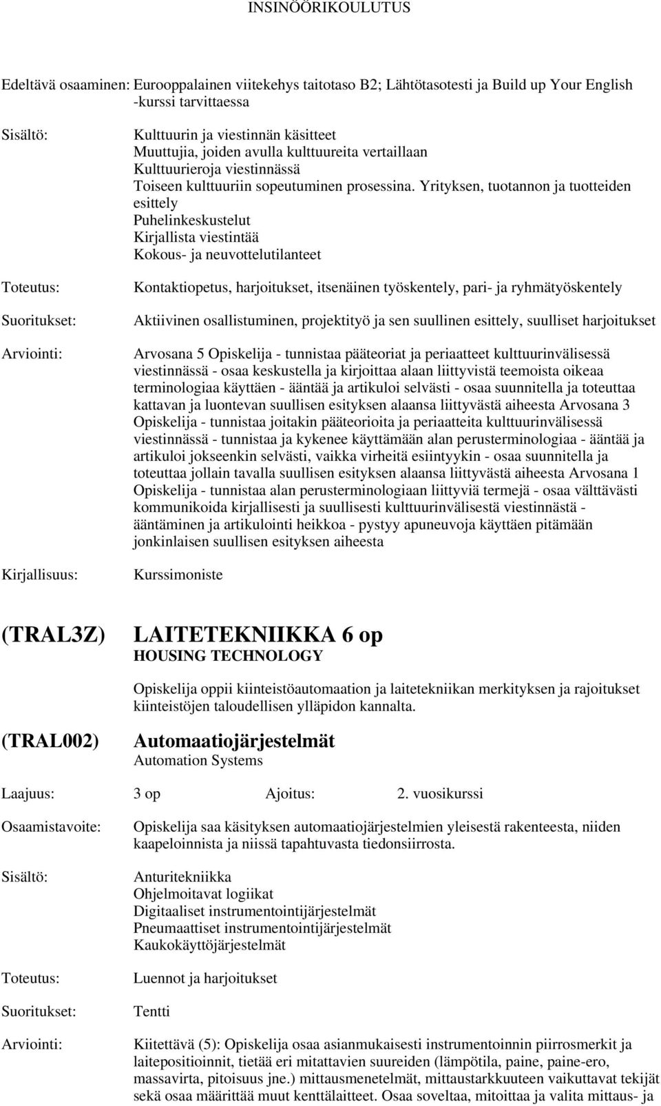 Yrityksen, tuotannon ja tuotteiden esittely Puhelinkeskustelut Kirjallista viestintää Kokous- ja neuvottelutilanteet Kontaktiopetus, harjoitukset, itsenäinen työskentely, pari- ja ryhmätyöskentely