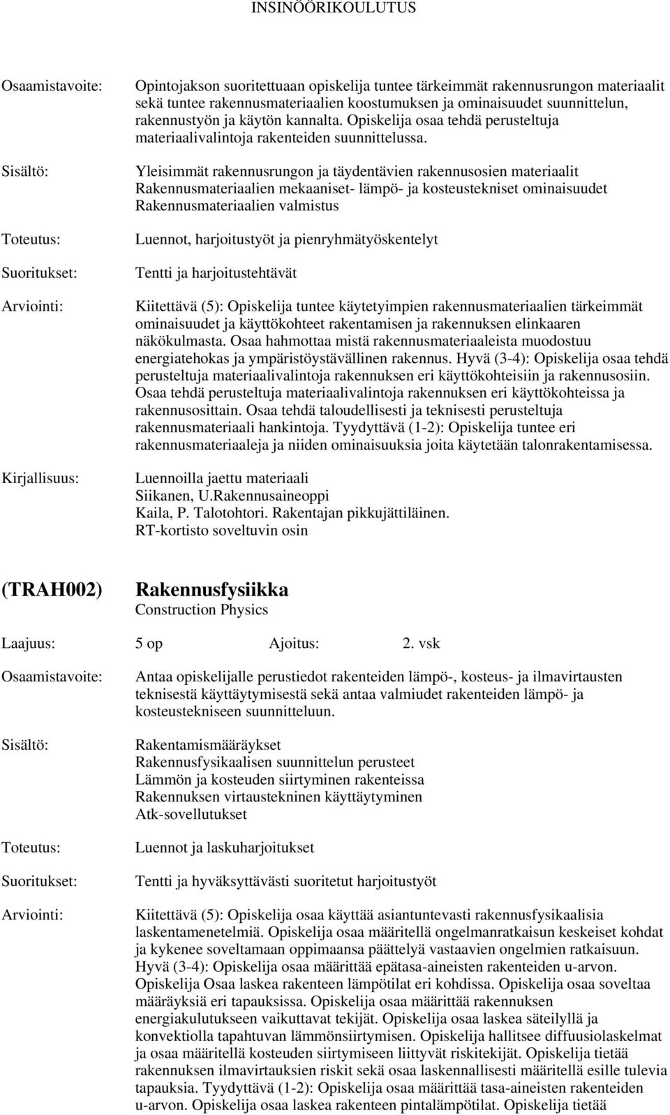 Yleisimmät rakennusrungon ja täydentävien rakennusosien materiaalit Rakennusmateriaalien mekaaniset- lämpö- ja kosteustekniset ominaisuudet Rakennusmateriaalien valmistus Luennot, harjoitustyöt ja