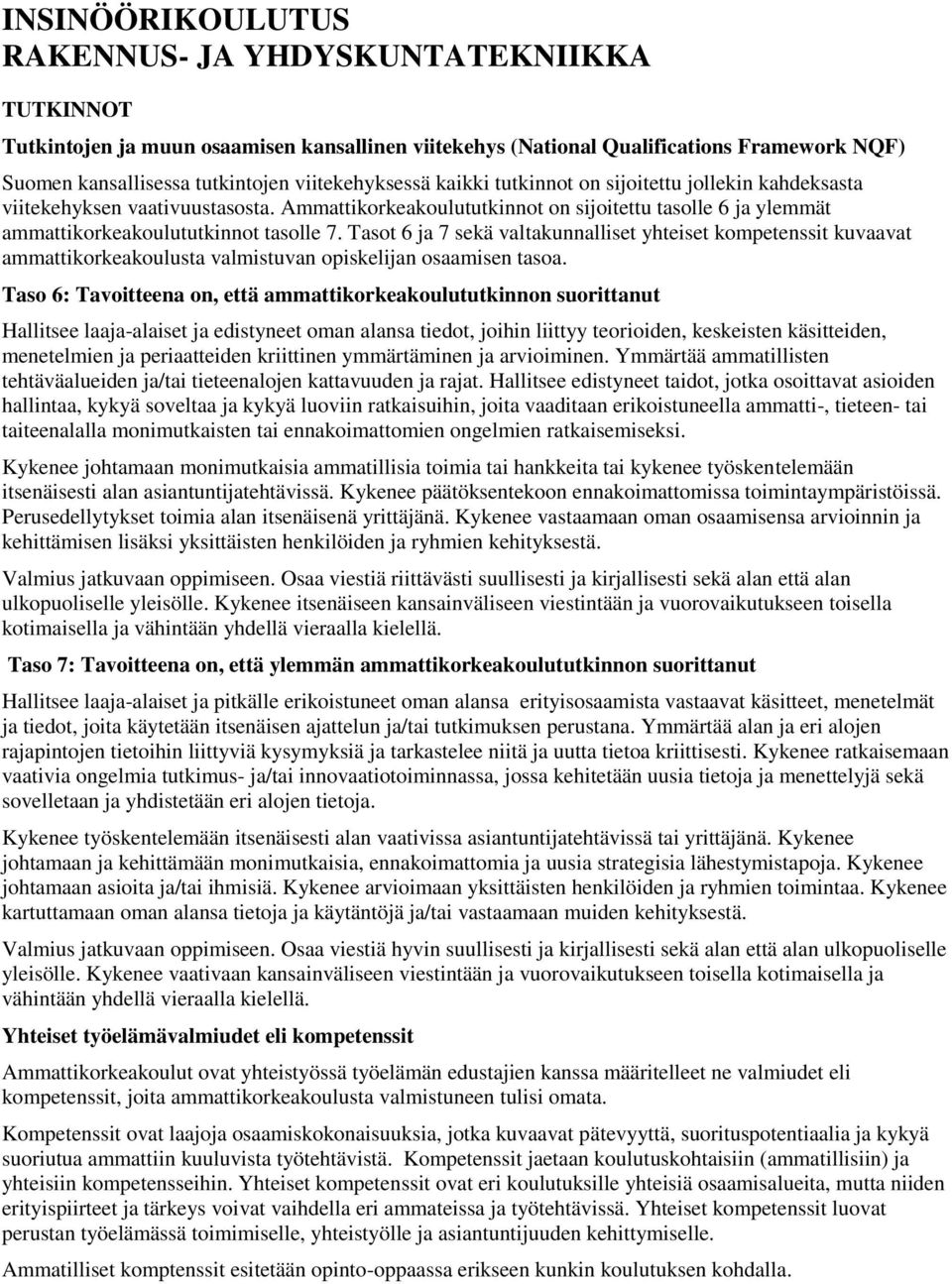 Tasot 6 ja 7 sekä valtakunnalliset yhteiset kompetenssit kuvaavat ammattikorkeakoulusta valmistuvan opiskelijan osaamisen tasoa.