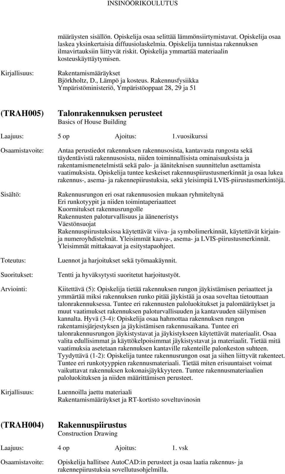 Rakennusfysiikka Ympäristöministeriö, Ympäristöoppaat 28, 29 ja 51 (TRAH005) Talonrakennuksen perusteet Basics of House Building Laajuus: 5 op Ajoitus: 1.