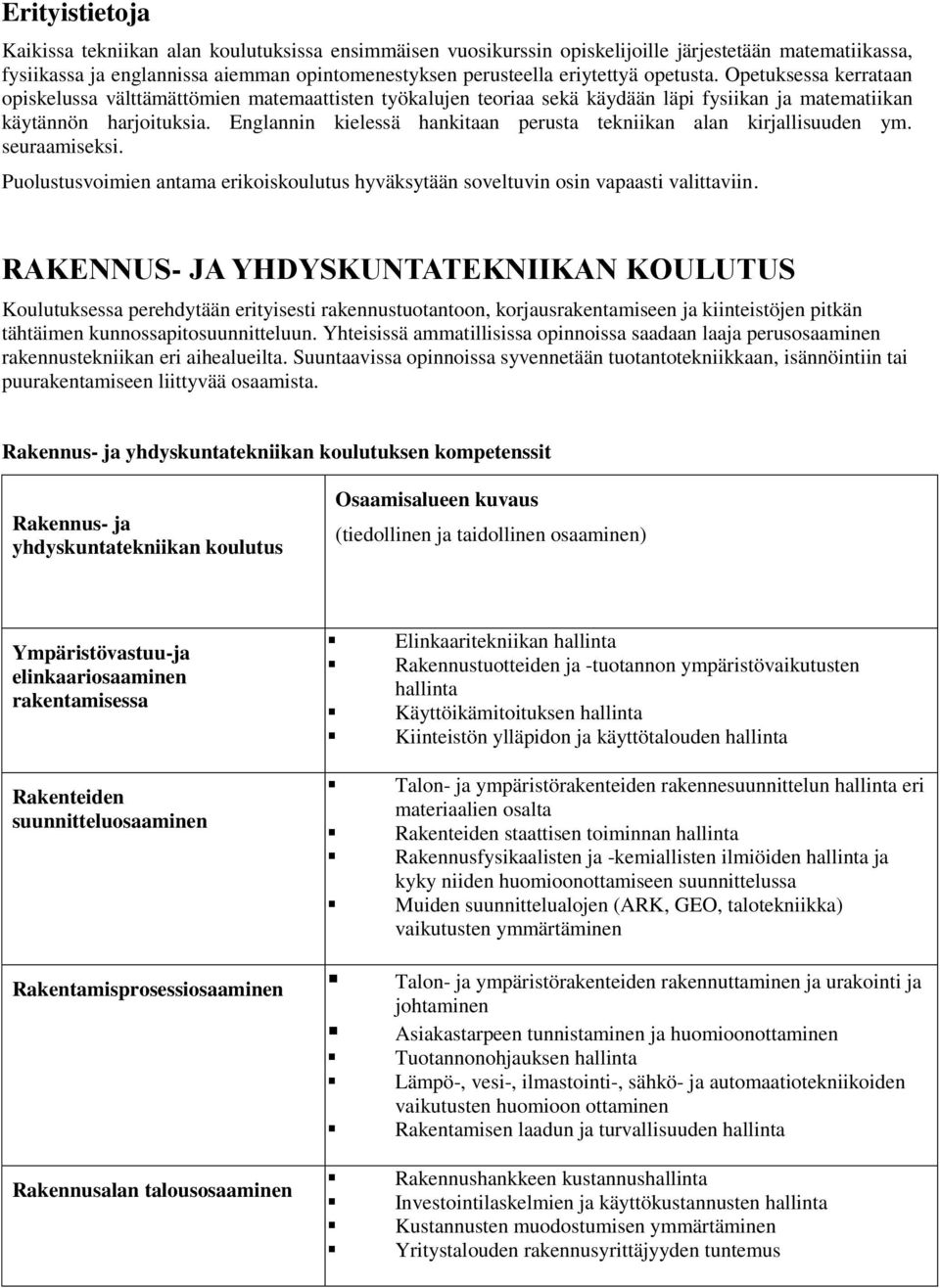 Englannin kielessä hankitaan perusta tekniikan alan kirjallisuuden ym. seuraamiseksi. Puolustusvoimien antama erikoiskoulutus hyväksytään soveltuvin osin vapaasti valittaviin.