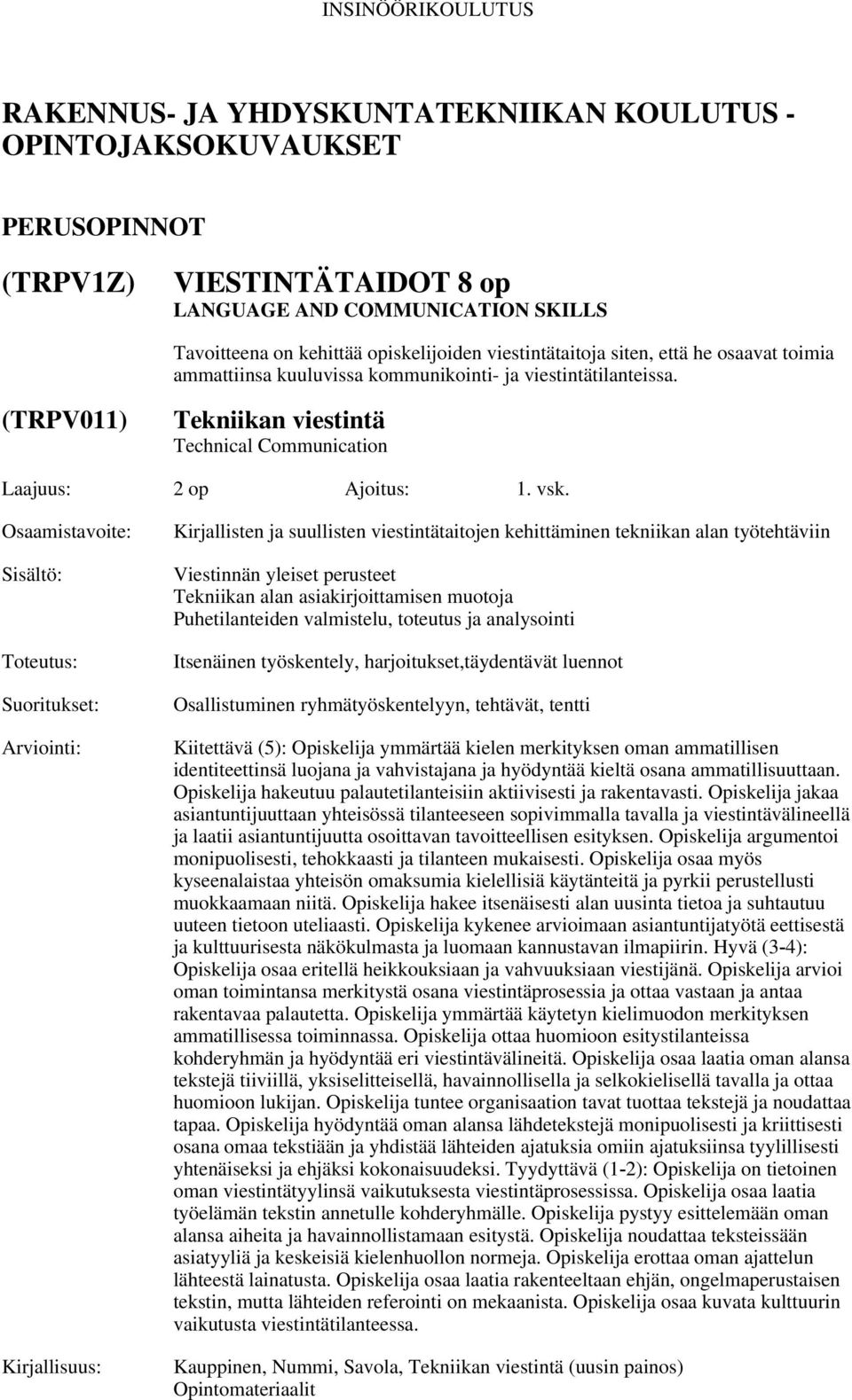 Kirjallisten ja suullisten viestintätaitojen kehittäminen tekniikan alan työtehtäviin Viestinnän yleiset perusteet Tekniikan alan asiakirjoittamisen muotoja Puhetilanteiden valmistelu, toteutus ja