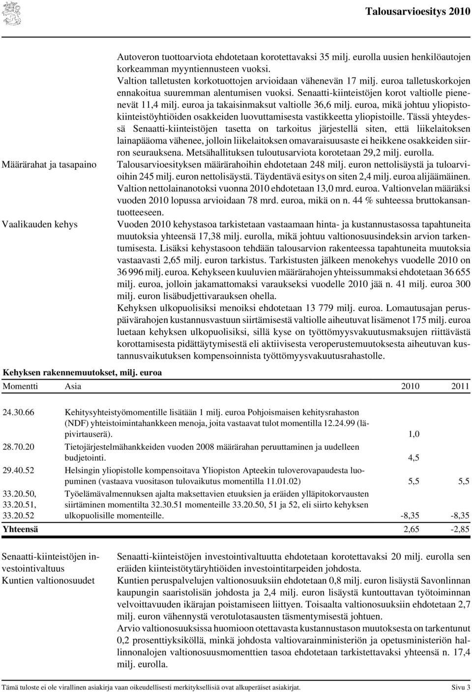 Senaatti-kiinteistöjen korot valtiolle pienenevät 11,4 milj. euroa ja takaisinmaksut valtiolle 36,6 milj.