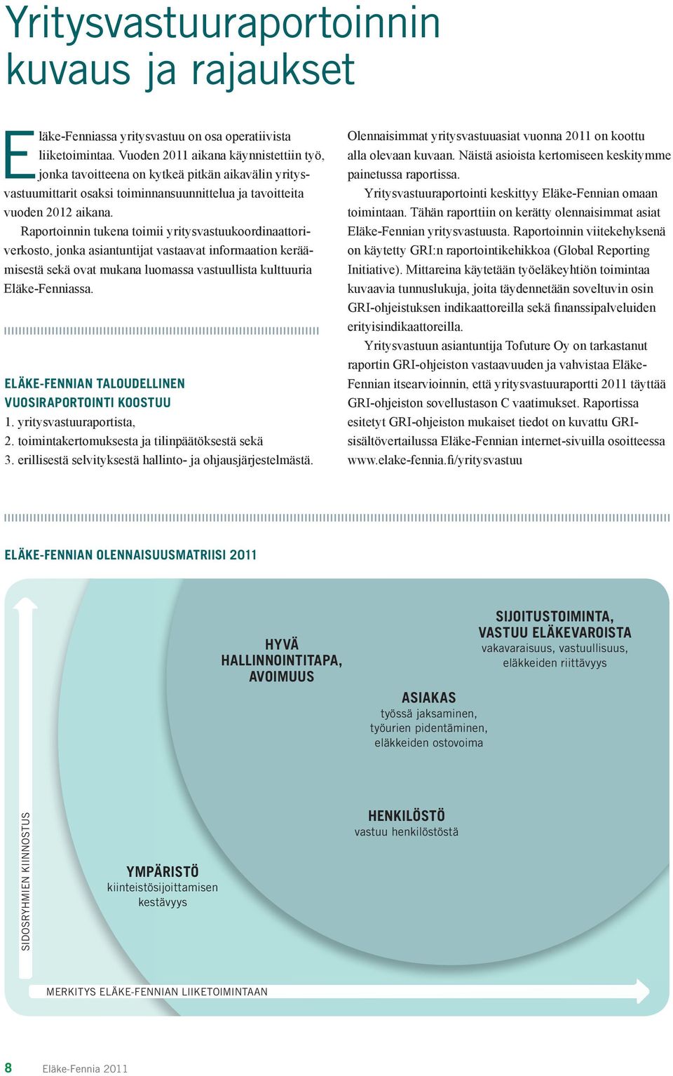 Raportoinnin tukena toimii yritysvastuukoordinaattoriverkosto, jonka asiantuntijat vastaavat informaation keräämisestä sekä ovat mukana luomassa vastuullista kulttuuria Eläke-Fenniassa.