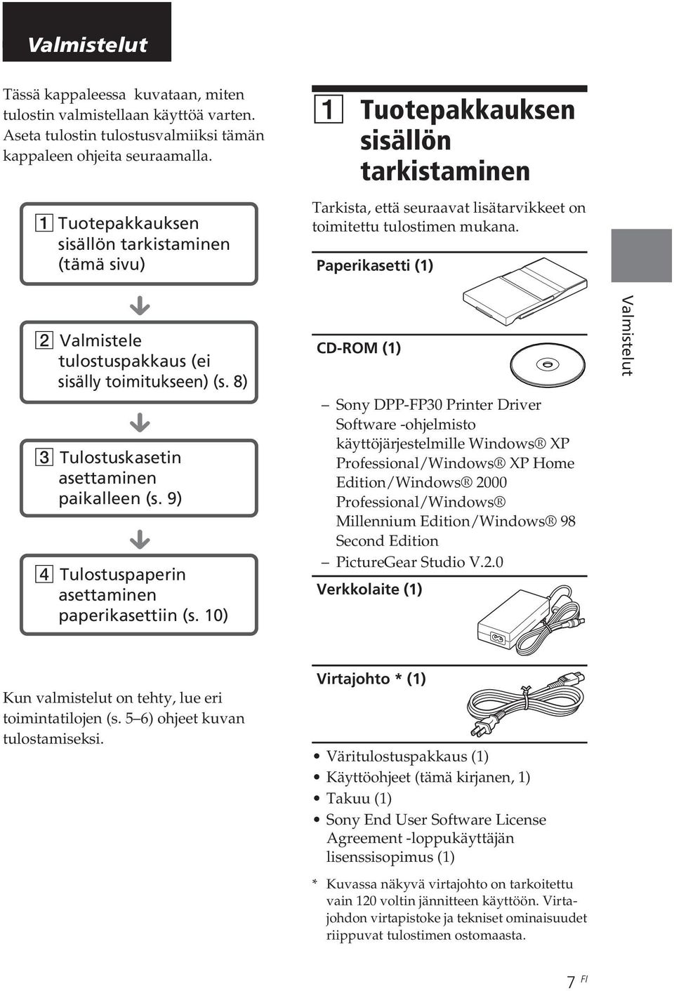 8) x 3 Tulostuskasetin asettaminen paikalleen (s. 9) x 4 Tulostuspaperin asettaminen paperikasettiin (s. 10) Tarkista, että seuraavat lisätarvikkeet on toimitettu tulostimen mukana.