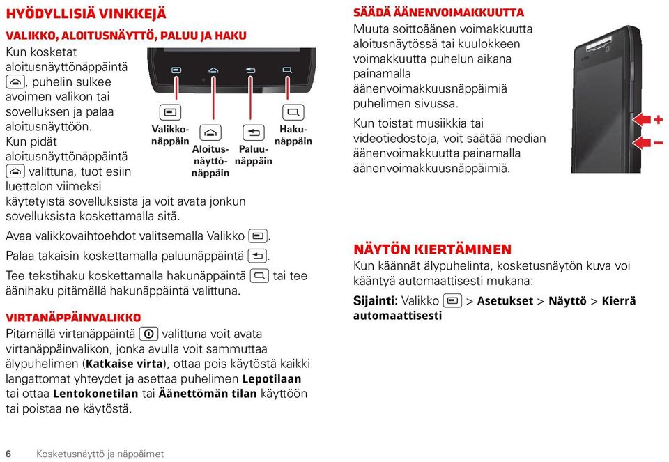 koskettamalla sitä. Avaa valikkovaihtoehdot valitsemalla Valikko. Palaa takaisin koskettamalla paluunäppäintä.