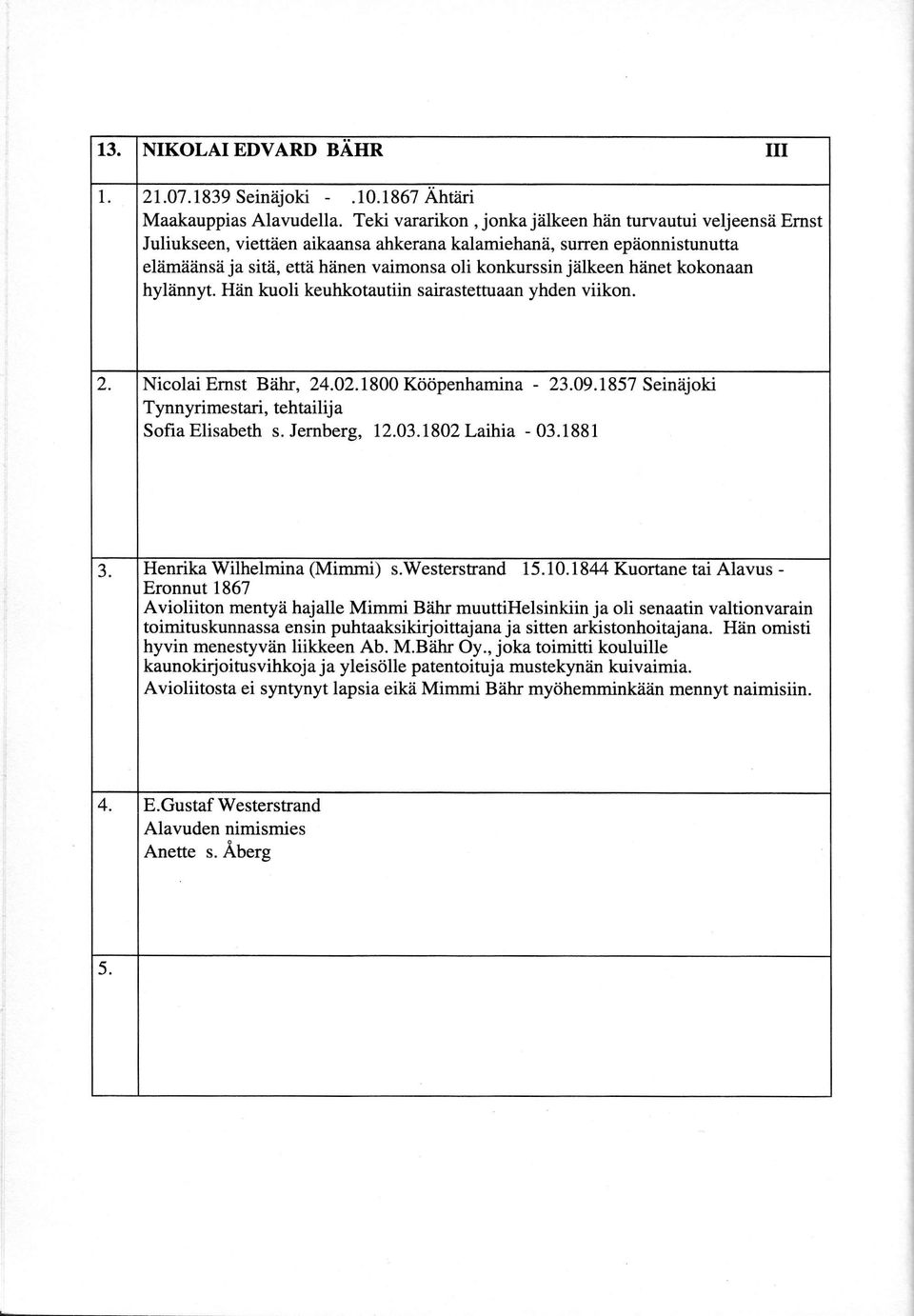 jiilkeen hiinet kokonaan hylzinnyt. Hiin kuoli keuhkotautiin sairastettuaan yhden viikon. 2. Nicolai Ernst Biihr, 24.02.1800 Ktidpenhamina - 23.09.1857 Seiniijoki SofiaElisabeth s. Jernberg, 12.03.