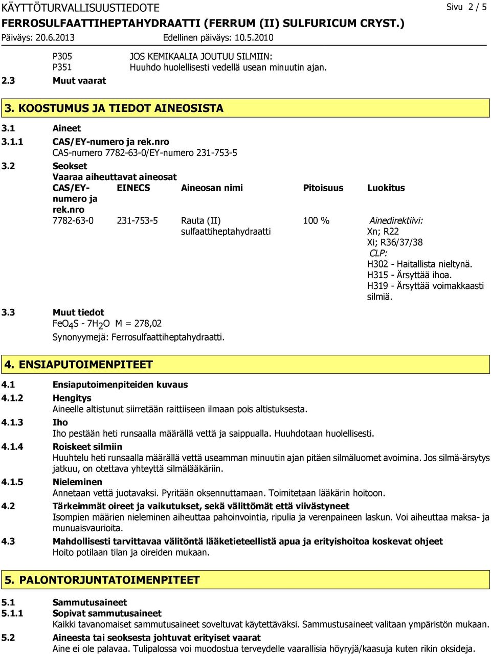 nro 7782-63-0 231-753-5 Rauta (II) sulfaattiheptahydraatti 100 % Ainedirektiivi: Xn; R22 Xi; R36/37/38 CLP: H302 - Haitallista nieltynä. H315 - Ärsyttää ihoa. H319 - Ärsyttää voimakkaasti silmiä. 3.