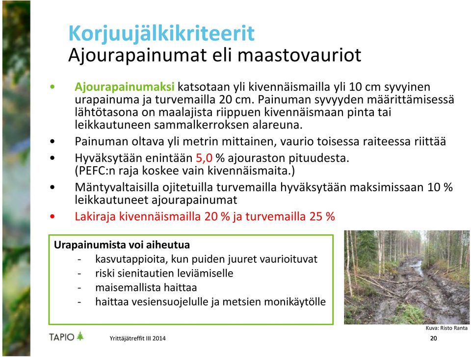 Painuman oltava yli metrin mittainen, vaurio toisessa raiteessa riittää Hyväksytään enintään 5,0% ajouraston pituudesta. (PEFC:n raja koskee vain kivennäismaita.