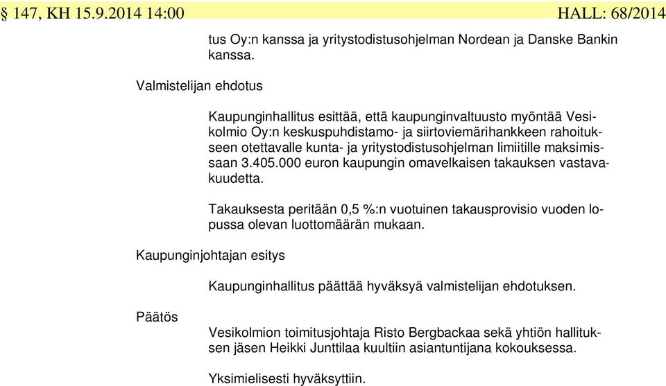 yritystodistusohjelman limiitille maksimissaan 3.405.000 euron kaupungin omavelkaisen takauksen vastavakuudetta.