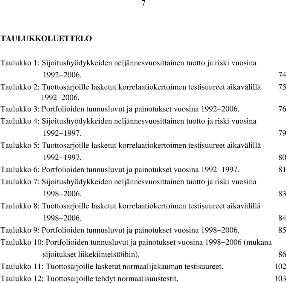 76 Taulukko 4: Sijoitushyödykkeiden neljännesvuosittainen tuotto ja riski vuosina 1992 1997. 79 Taulukko 5: Tuottosarjoille lasketut korrelaatiokertoimen testisuureet aikavälillä 1992 1997.