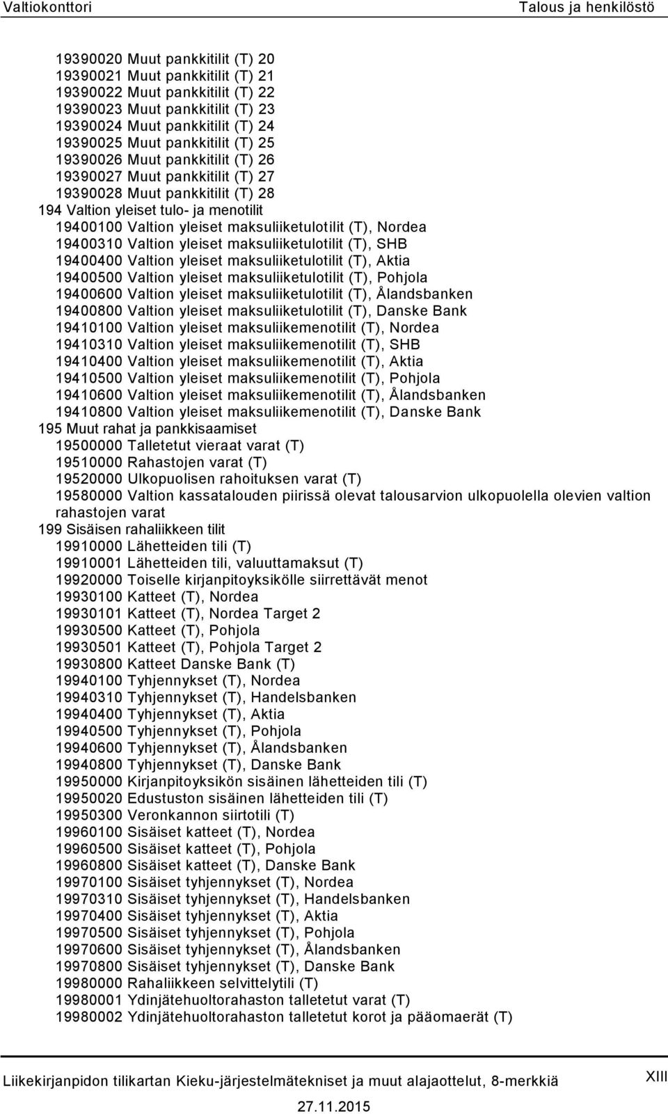 maksuliiketulotilit (T), Nordea 19400310 Valtion yleiset maksuliiketulotilit (T), SHB 19400400 Valtion yleiset maksuliiketulotilit (T), Aktia 19400500 Valtion yleiset maksuliiketulotilit (T), Pohjola