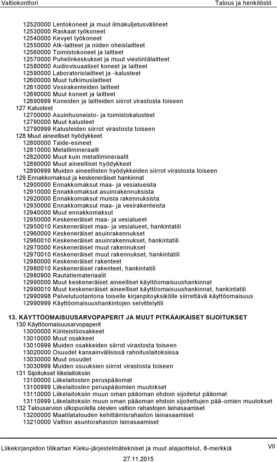 12610000 Vesirakenteiden laitteet 12690000 Muut koneet ja laitteet 12690999 Koneiden ja laitteiden siirrot virastosta toiseen 127 Kalusteet 12700000 Asuinhuoneisto- ja toimistokalusteet 12790000 Muut