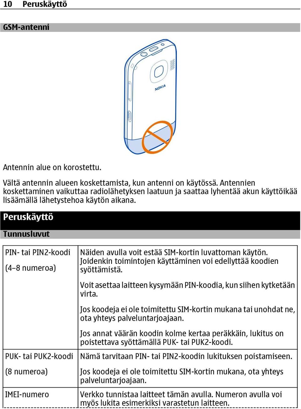 Peruskäyttö Tunnusluvut PIN- tai PIN2-koodi (4 8 numeroa) PUK- tai PUK2-koodi (8 numeroa) IMEI-numero Näiden avulla voit estää SIM-kortin luvattoman käytön.