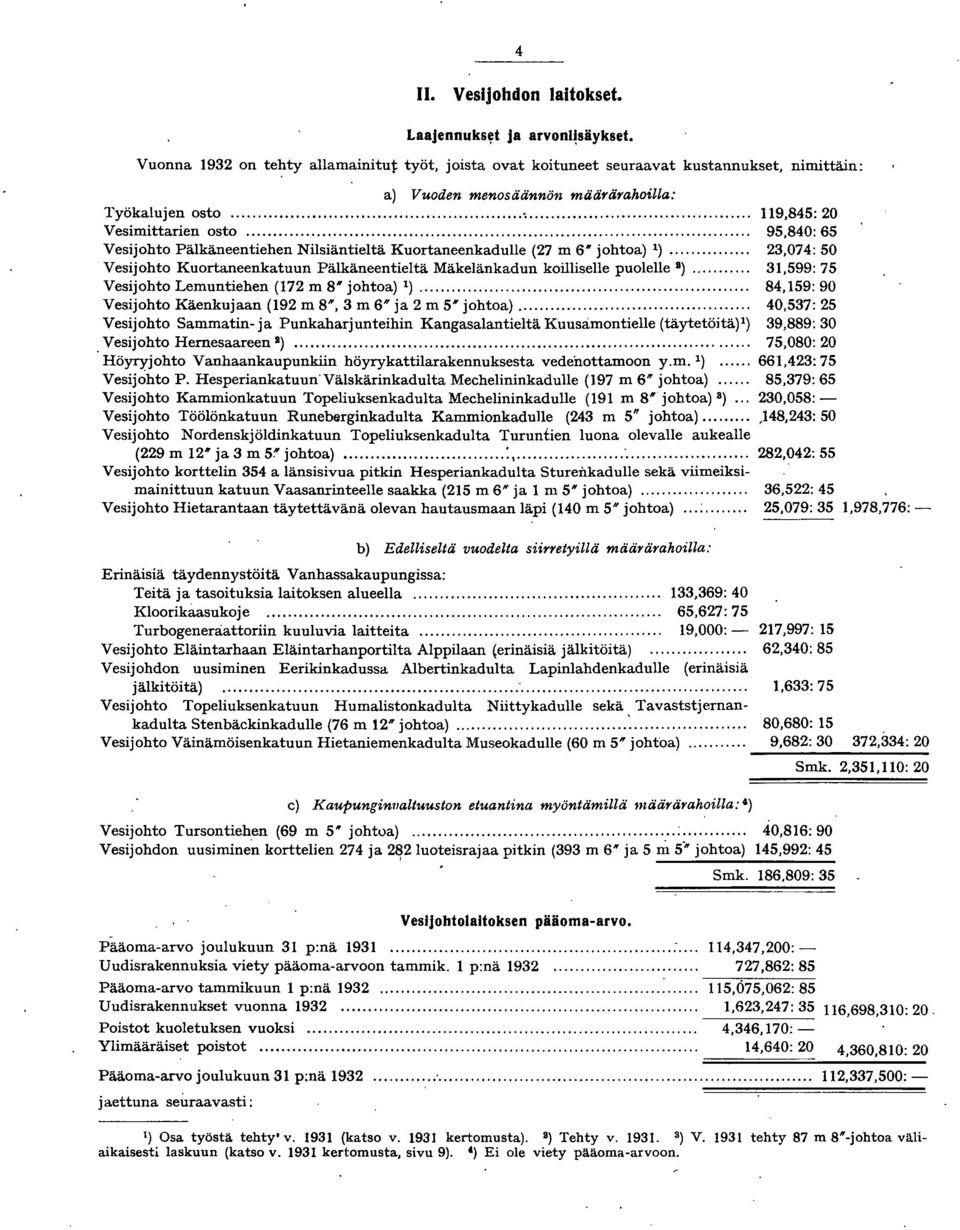 .. Vesijohto Pälkäneentiehen Nilsiäntieltä Kuortaneenkadulle (27 m 6'" johtoa) )... Vesijohto Kuortaneenkatuun Pälkäneentieltä Mäkelänkadun koilliselle puolelle D).