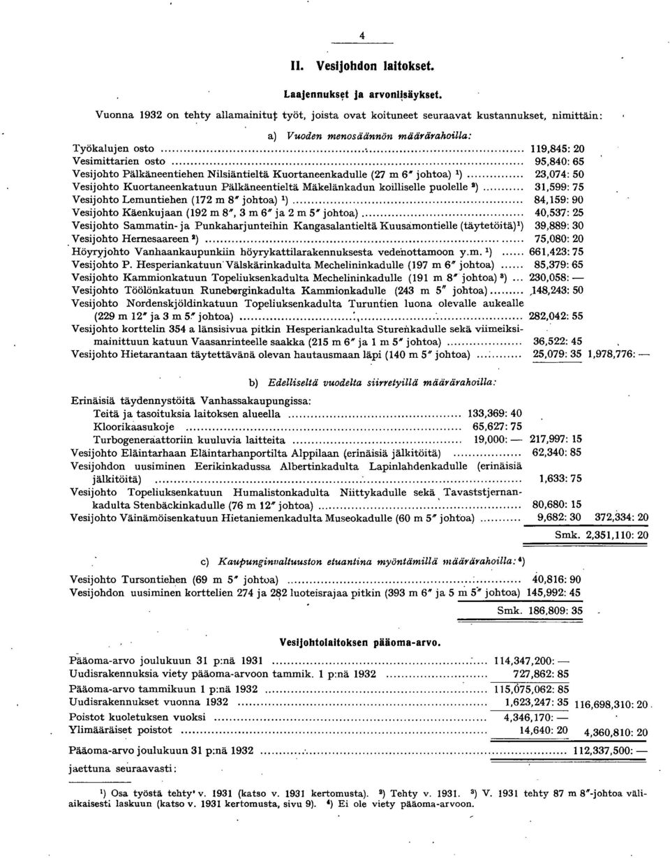 .. Vesijohto Pälkäneentiehen Nilsiäntieltä Kuortaneenkadulle (27 m 6'" johtoa) )... Vesijohto Kuortaneenkatuun Pälkäneentieltä Mäkelänkadun koilliselle puolelle D).