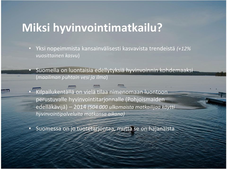 edellytyksiä hyvinvoinnin kohdemaaksi (maailman puhtain vesi ja ilma) Kilpailukentällä on vielä tilaa nimenomaan