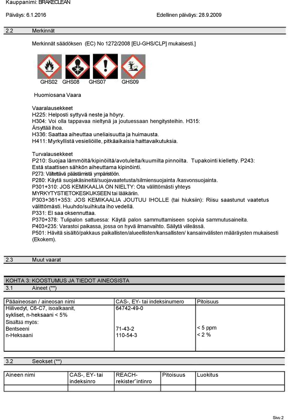 H411: Myrkyllistä vesieliöille, pitkäaikaisia haittavaikutuksia. Turvalausekkeet P210: Suojaa lämmöltä/kipinöiltä/avotulelta/kuumilta pinnoilta. Tupakointi kielletty.