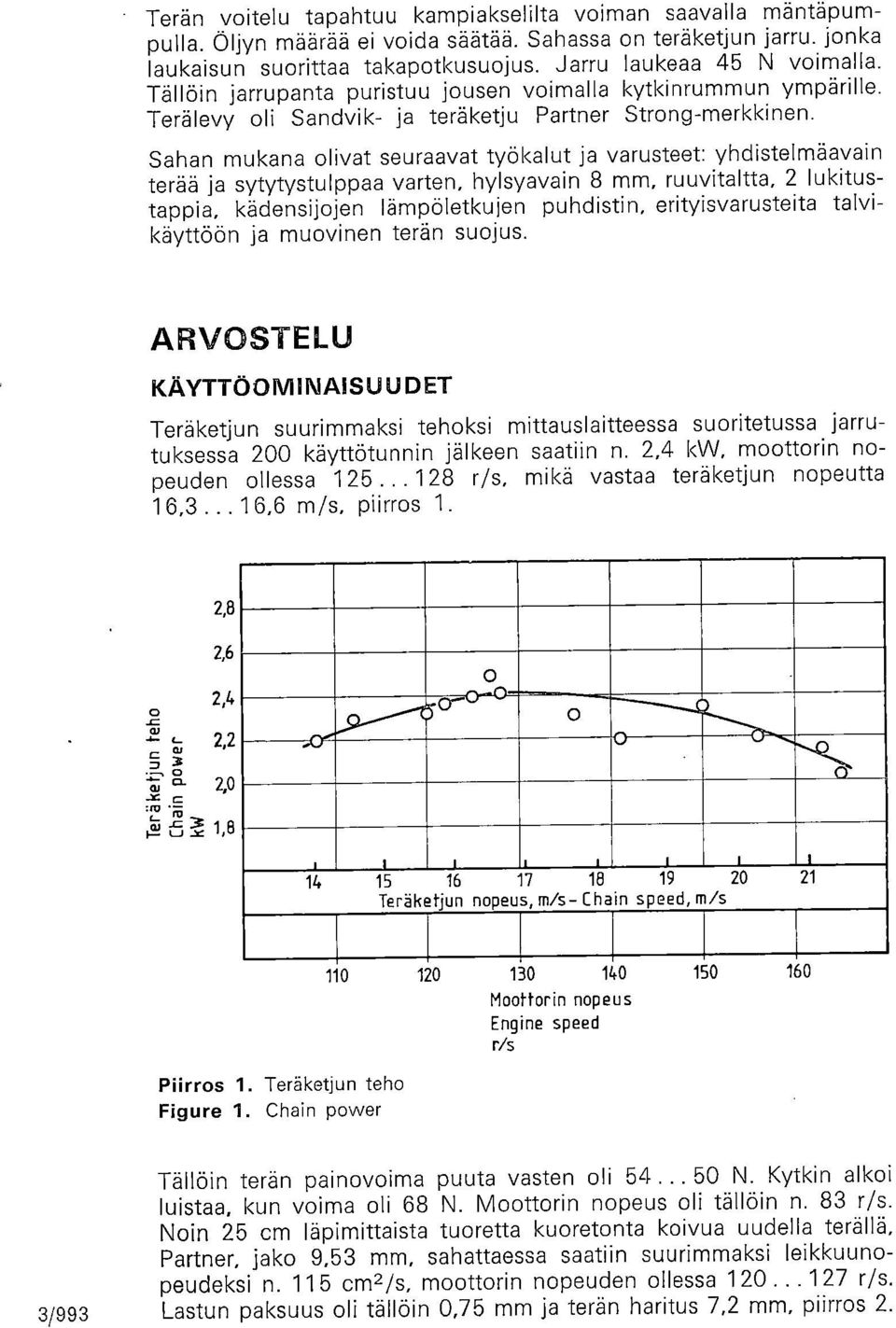 Sahan mukana olivat seuraavat työkalut ja varusteet: yhdistelmäavain terää ja sytytystulppaa varten, hylsyavain 8 mm, ruuvitaltta, 2 lukitustappia, kädensijojen lämpöletkujen puhdistin,