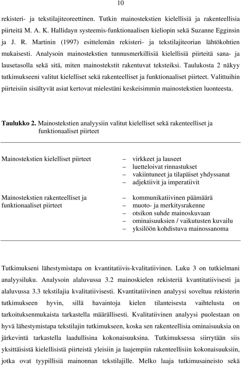 Analysoin mainostekstien tunnusmerkillisiä kielellisiä piirteitä sana- ja lausetasolla sekä sitä, miten mainostekstit rakentuvat teksteiksi.