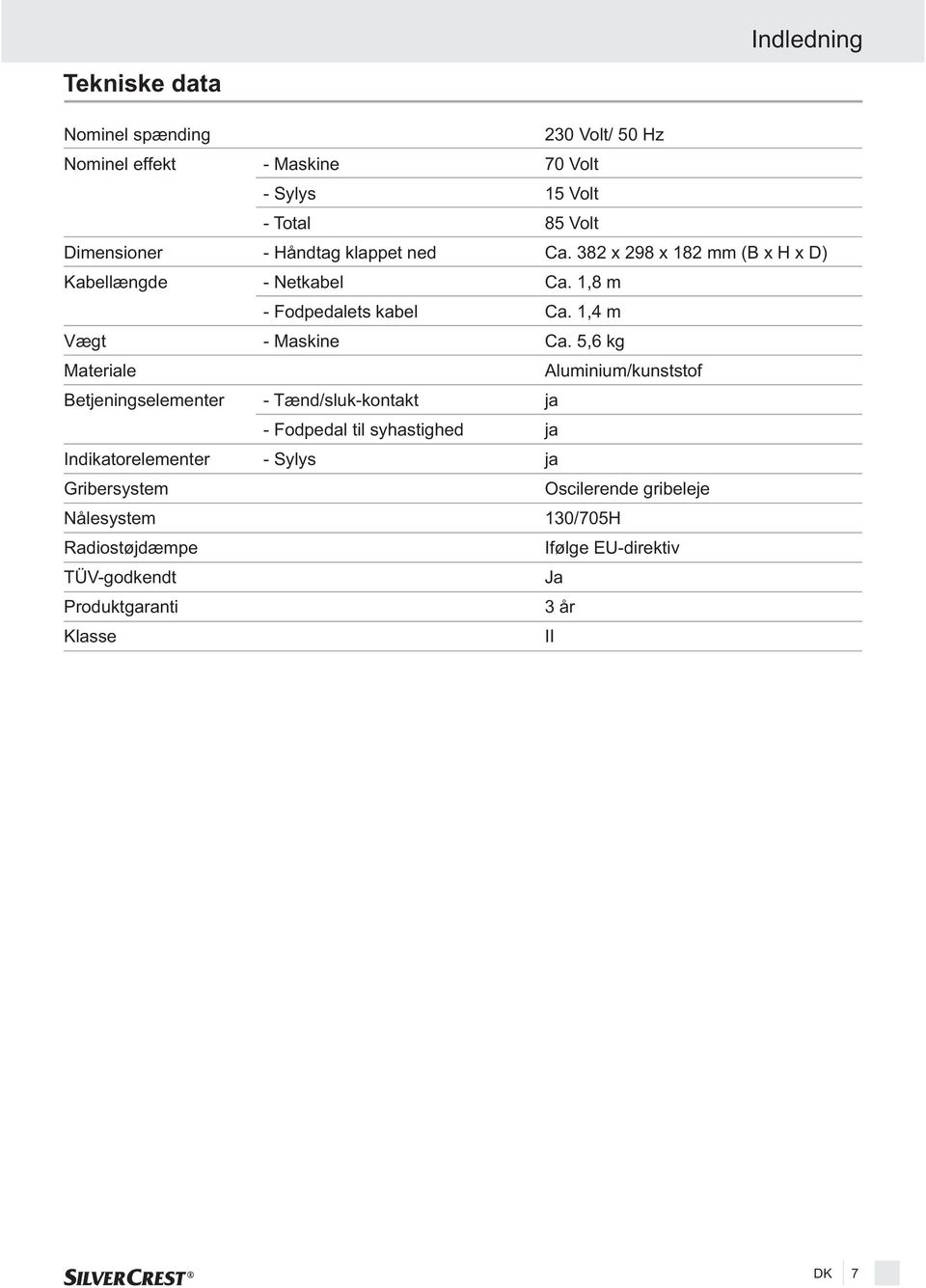 Fodpedalets kabel - Maskine - Tænd/sluk-kontakt - Fodpedal til syhastighed - Sylys 230 Volt/ 50 Hz 70 Volt 15 Volt 85 Volt Ca.