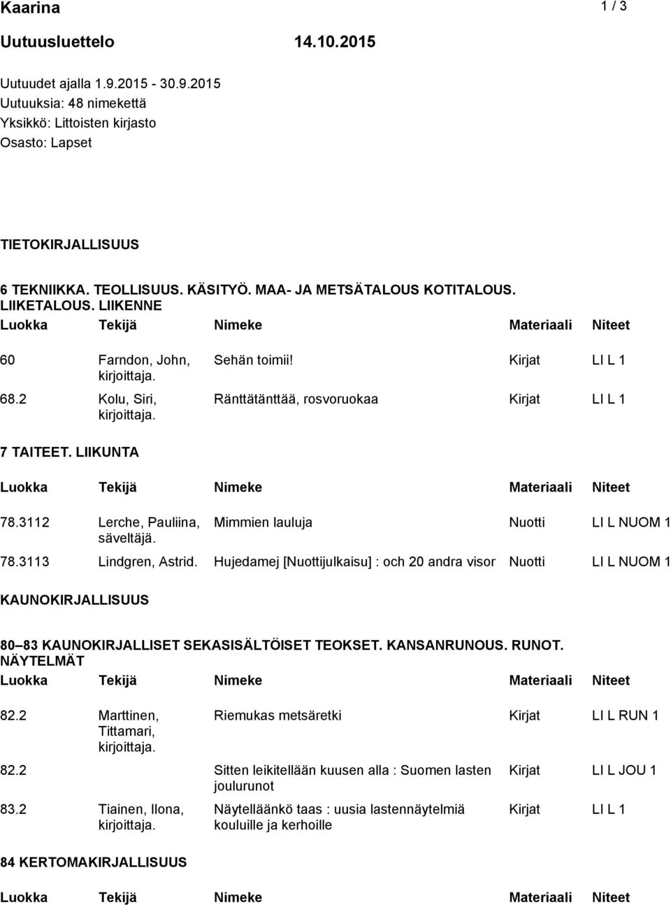3112 Lerche, Pauliina, säveltäjä. Mimmien lauluja Nuotti LI L NUOM 1 78.3113 Lindgren, Astrid.