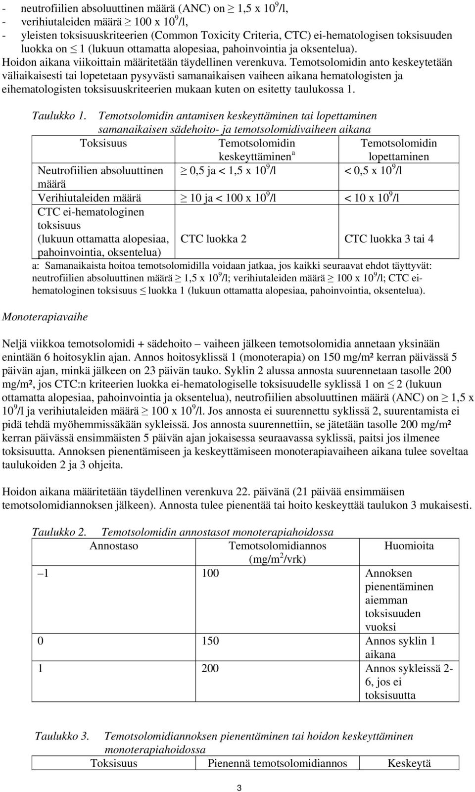 Temotsolomidin anto keskeytetään väliaikaisesti tai lopetetaan pysyvästi samanaikaisen vaiheen aikana hematologisten ja eihematologisten toksisuuskriteerien mukaan kuten on esitetty taulukossa 1.